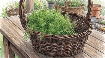 Una cesta de mimbre grande llena de eneldo verde, sobre una superficie de madera. En el fondo, se ven otras cestas, macetas con plantas y herramientas de jardinería.