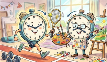 Ilustración de dos relojes animados sonrientes. Uno corre en una pista y sostiene una raqueta de tenis; el otro pinta un paisaje en un caballete con paleta y pincel