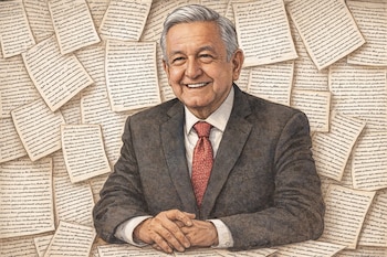 Ilustración de Andrés Manuel López Obrador, sonriendo, con traje y corbata roja, sobre un fondo con muchas cartas escritas a mano.