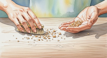 Ilustración en acuarela de dos manos limpiando migas de una mesa de madera. Una mano usa un cepillo para barrer, la otra recoge las migas. Colores vivos.