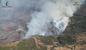 Una gran columna de humo gris procedente de un incendio forestal en un monte