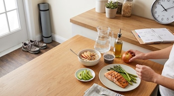 Vista aérea de una mesa de madera con salmón, espárragos, avena con manzana, aguacate y semillas de chía. Al fondo, zapatillas, colchoneta de yoga y un planificador.