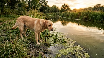 Un perro labrador dorado sin collar está parado en la vegetación de la orilla de un canal frente a capas de algas verdes en el agua.