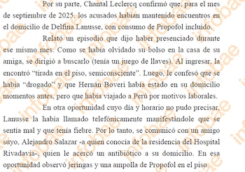 Captura de pantalla de un documento de texto en español. El texto se refiere a un testimonio sobre el consumo de Propofol en un caso judicial