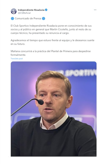 Renuncia del DT de Independiente Rivadavia