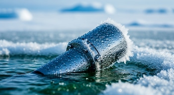 Primer plano de un dispositivo cilíndrico metálico, con gotas de agua y hielo en su superficie, parcialmente sumergido en agua con fragmentos de hielo.
