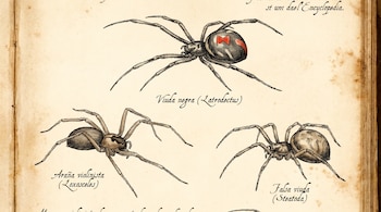 Ilustración antigua estilo enciclopedia en papel envejecido que muestra tres arañas: una viuda negra con marca roja, una araña violinista y una falsa viuda. Cada una con su nombre en latín e identidad.