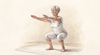 Ilustración de una mujer de cabello gris que realiza una sentadilla, vestida de blanco, con los brazos estirados al frente y descalza sobre una alfombra.