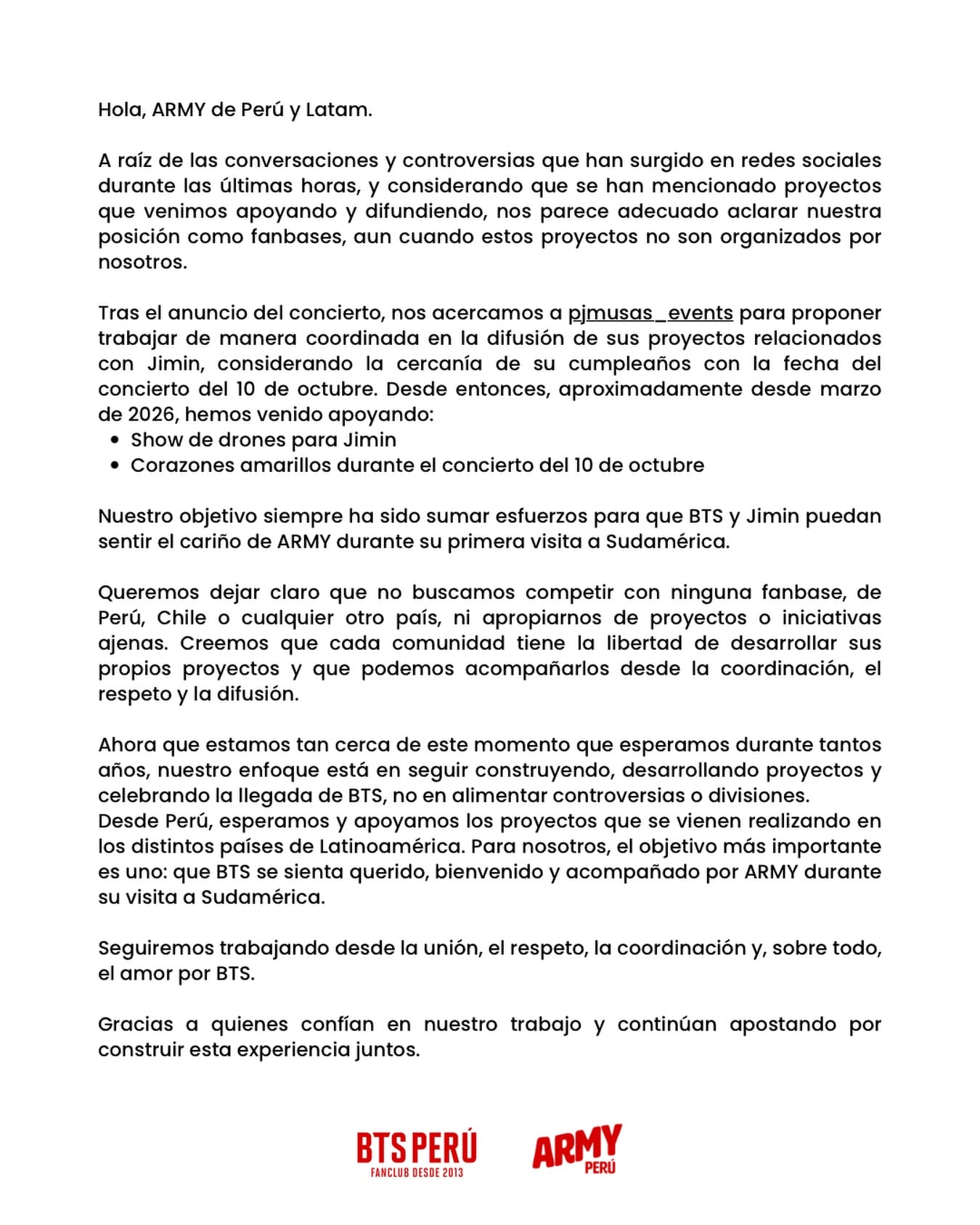 Un comunicado del club de fanáticos BTS Perú aclara su postura sobre las iniciativas en homenaje a Jimin tras comentarios en redes sociales.