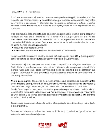 Un documento de texto impreso con un comunicado oficial firmado por los logotipos de BTS Perú y ARMY Perú al pie de la página