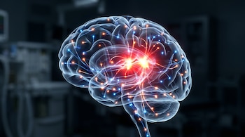 Una representación hiperrealista de un cerebro humano translúcido con vías nerviosas iluminadas en azul y rojo, mostrando la amplificación de señales de dolor.