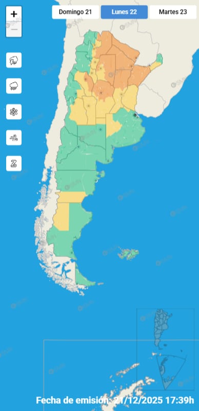 Para el lunes las provincias que registran sectores bajo alerta naranja son Chaco, Formosa, Misiones, Corrientes, Santiago del Estero, Salta, Jujuy y Tucumán