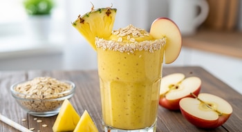 Un vaso alto de licuado amarillo, decorado con una cuña de piña, una rodaja de manzana roja y copos de avena en el borde, sobre una mesa de madera.