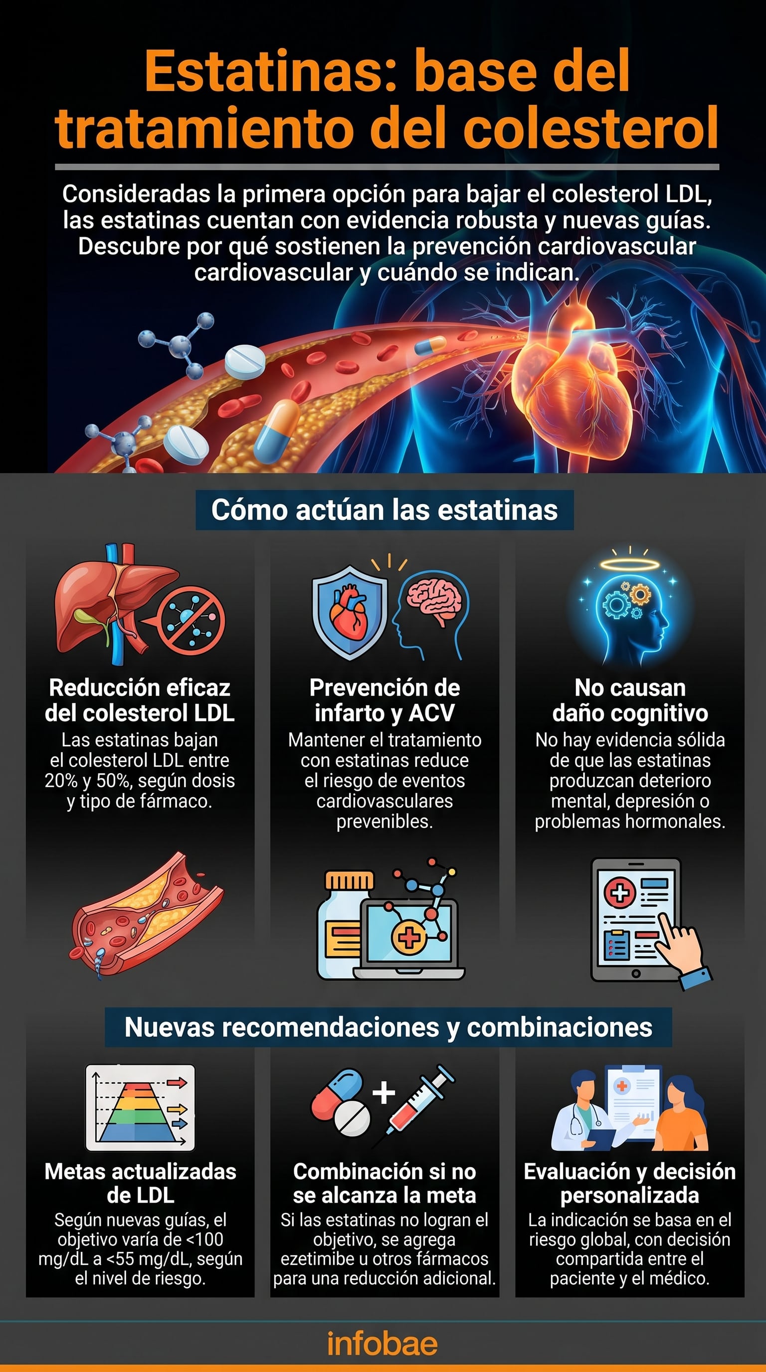 La infografía detalla la importancia de las estatinas en el tratamiento del colesterol, su mecanismo de acción, las nuevas guías de LDL, opciones combinadas y la necesidad de una evaluación médica personalizada. (Imagen Ilustrativa Infobae)