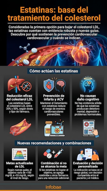 Infografía sobre estatinas como tratamiento del colesterol, mostrando ilustraciones de un corazón, vasos sanguíneos, pastillas, un hígado y diagramas con datos.
