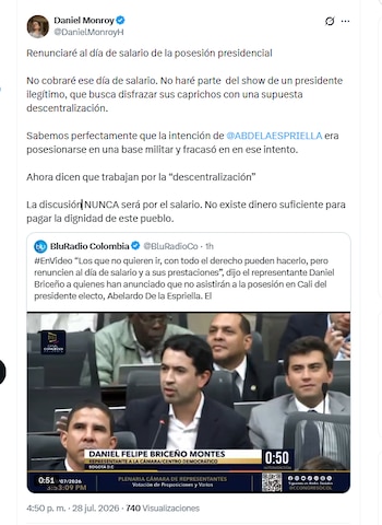 El representante Daniel Monroy anunció que renunciará a su día de salario por no asistir a la posesión de Abelardo de la Espriella - crédito @DanielMonroyH/X