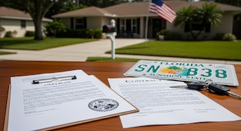 Una mesa de madera con documentos legales, un sello, llaves de auto y una placa de Florida. Al fondo, una casa suburbana con buzón y la bandera de Estados Unidos.