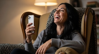 Mujer con cabello oscuro y suéter gris, sentada en un sillón con una manta, sosteniendo un smartphone blanco y riendo a carcajadas. Una lámpara en el fondo.