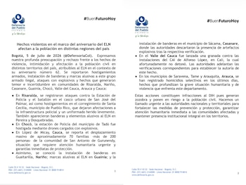 Os ataques do ELN incluíram assédio, ameaças à infraestrutura pública e entrada forçada no sistema memorial de sua fundação – crédito @DefensoriaCol /