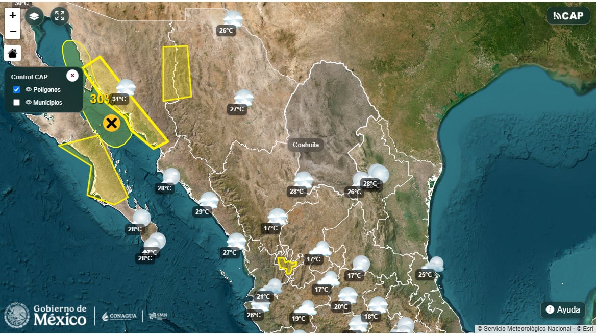 Un mapa meteorológico del Servicio Meteorológico Nacional de la Conagua detalla las temperaturas y zonas bajo alerta en México. (Mapa satelital de México)