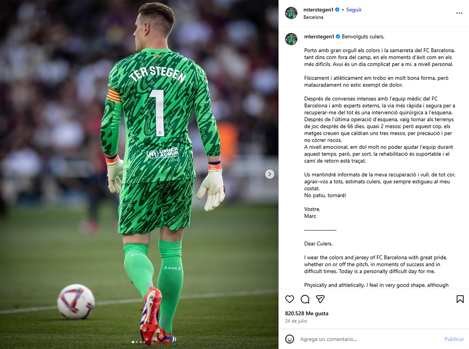 Comunicado de Ter Stegen después de su operación (Instagram)