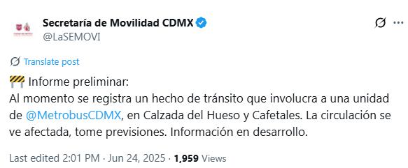 La Secretaría de Movilidad de la Ciudad de México informó sobre el accidente automovilístico de la Línea 5. Foto: X/@LaSEMOVI.