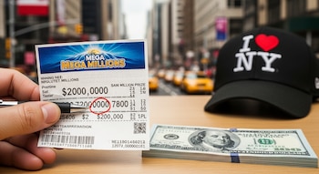 Primer plano de mano señalando boleto de Mega Millions con $2,000,000. Al lado, fajo de billetes de $100 y gorra "I Love NY", con la ciudad de Nueva York al fondo.