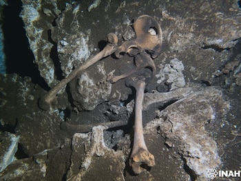 Restos óseos humanos, sedimento, roca y agua. Se observan un hueso de la pelvis y fémures. En el ángulo inferior derecho aparece el logo del INAH