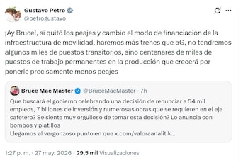 Gustavo Petro respondió a las críticas de la Andi y defendió un nuevo modelo de movilidad basado en menos peajes y más inversión ferroviaria - crédito @petrogustavo/X