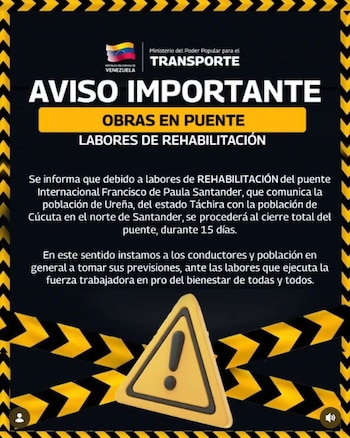Las intensas lluvias y el aumento del caudal del río Táchira agravaron los daños en los cimientos y la parte superior del puente - crédito Mintransporte_ve/Instagram