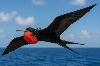Durante el apareamiento, los machos de fragata se agrupan y exhiben su saco gular inflado en colonias ruidosas, donde hembras evalúan y eligen pareja entre múltiples candidatos (Imagen ilustrativa Infobae)