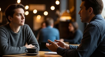 Dos personas sentadas a una mesa de madera con una taza de café; una lleva suéter gris y la otra camisa oscura, con manos gesticulando. Luces al fondo.