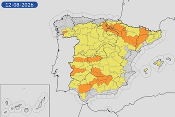 Mapa de alertas meteorológicas para este miércoles, 12 de agosto de 2026. (Aemet)