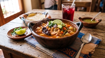 Cazuela de barro con caldo, garbanzos, aguacate y chile en una mesa de madera con tortillas, limón y un vaso de bebida.