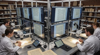 Cuatro científicos con batas de laboratorio examinan papiros antiguos bajo microscopios digitales, con múltiples pantallas mostrando imágenes ampliadas de los documentos.