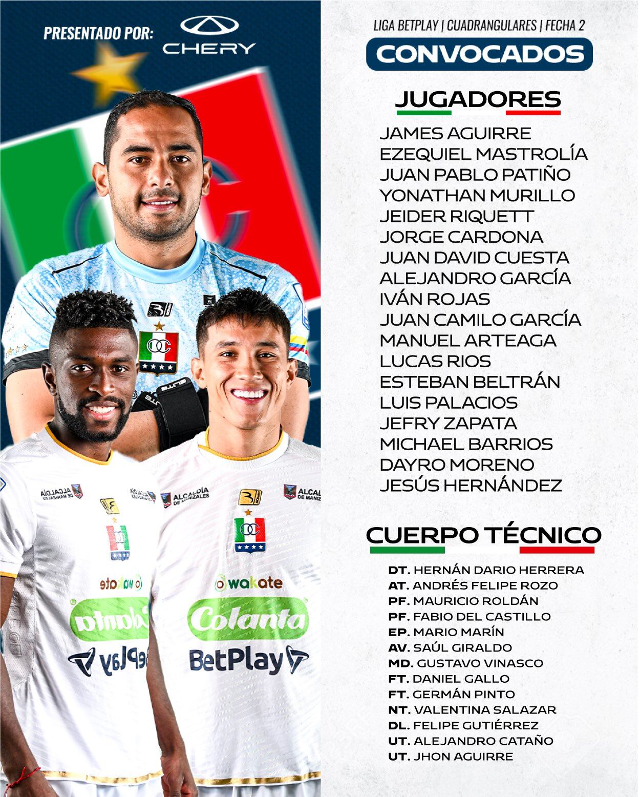 Aquí los convocados para enfrentar al América en Cali - crédito @oncecaldas/X