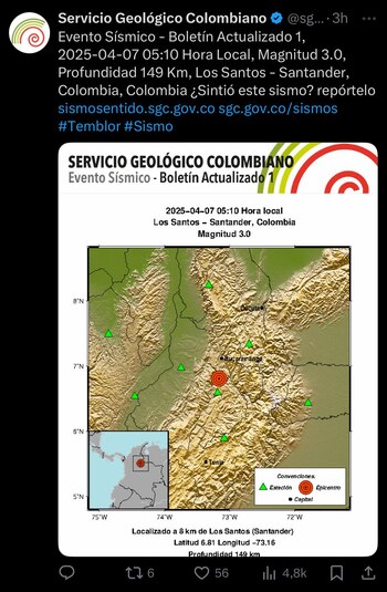Temblor en Colombia a la