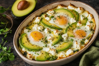 Huevos al horno con rodajas de aguacate, queso blanco desmenuzado y hierbas en una fuente ovalada, junto a medio aguacate fresco.