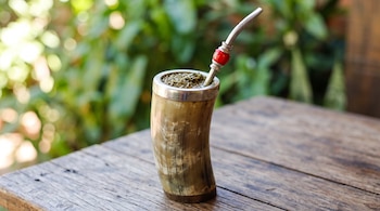Un vasito de cuerno con yerba mate y una bombilla metálica descansa sobre una mesa de madera ante un fondo vegetal desenfocado.