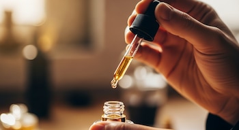 Primer plano de una mano sosteniendo un gotero con líquido dorado, vertiendo una gota en la abertura de un pequeño frasco de vidrio.