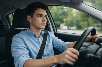 Hombre joven al volante de un coche, con camisa azul y cinturón de seguridad abrochado, mirando al frente.