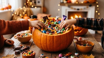 Manos de dos niños sobre una calabaza llena de caramelos, chocolates y gomitas colocada en una mesa de madera con cuencos de dulces.