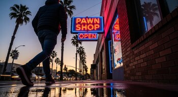 Imagen de una persona caminando por la acera de una calle de San Diego al anochecer, con un brillante cartel de neón que dice "PAWN SHOP OPEN" y palmeras.