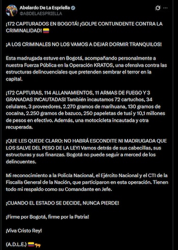 Balance del presidente Abelardo de la Espriella sobre el megaoperativo del miércoles 28 de octubre en Bogotá - crédito @CarlosFGalan/X