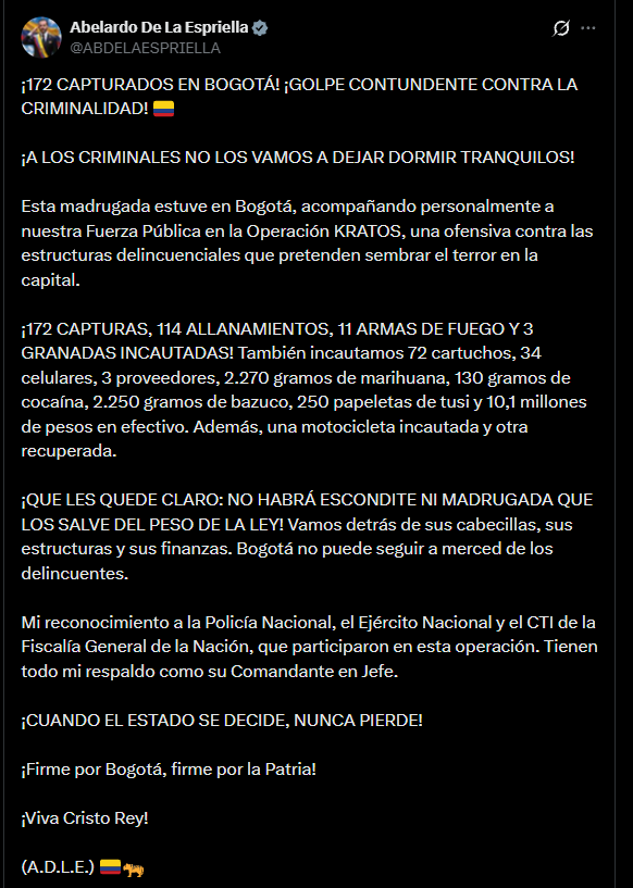 Balance del presidente Abelardo de la Espriella sobre el megaoperativo del miércoles 28 de octubre en Bogotá - (@ABDELAESPRIELLA)