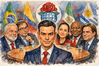 Caricatura: Pedro Sánchez y líderes en mesa. Fondo con banderas nacionales y logo de Internacional Socialista.
