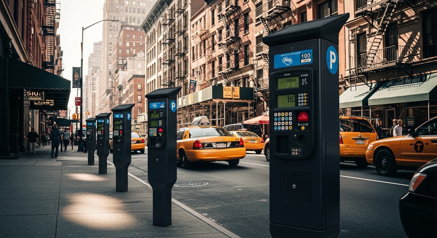 Una fila de parquímetros modernos se alza a lo largo de una bulliciosa acera de Nueva York, con taxis amarillos transitando y edificios históricos de fondo. (Imagen Ilustrativa Infobae)