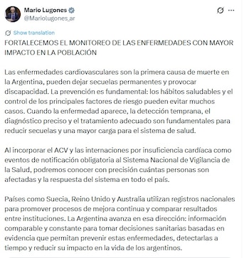 Captura de pantalla de un tuit. Se ve el perfil de Mario Lugones con su nombre y usuario, junto a un texto sobre monitoreo de enfermedades en Argentina