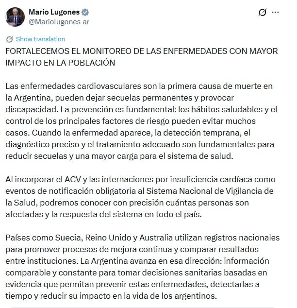 Mario Lugones afirmó que las enfermedades cardiovasculares son la primera causa de muerte en la Argentina y vinculó la notificación obligatoria con decisiones sanitarias basadas en evidencia.