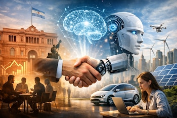 Casa Rosada, bandera argentina, gráfico, personas, apretón de manos entre humano y robot, cerebro digital, robot, ciudad, energías renovables, dron, coche, mujer con portátil.